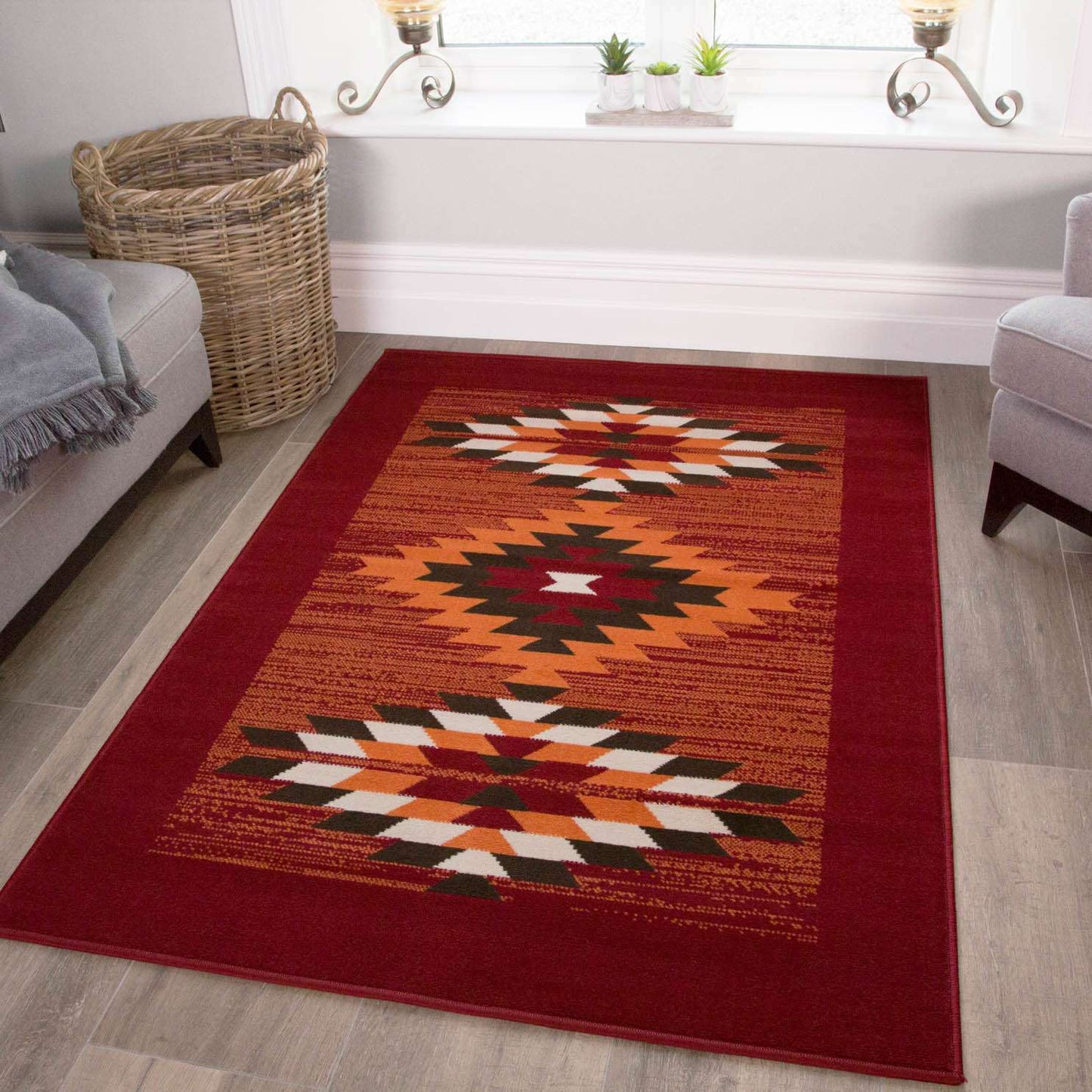 Red Aztec Tribal Medallion Bedroom Rug