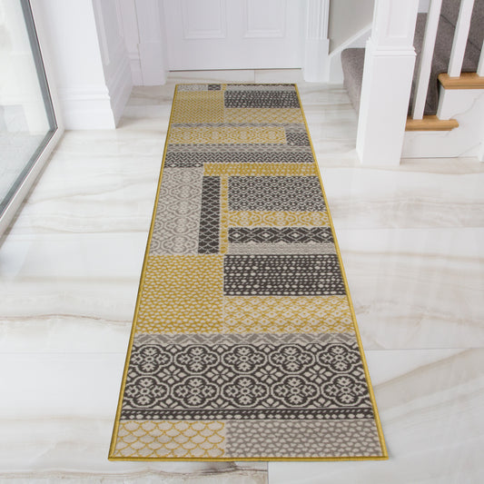 Ochre Grey Patchwork Sale Runner Rug