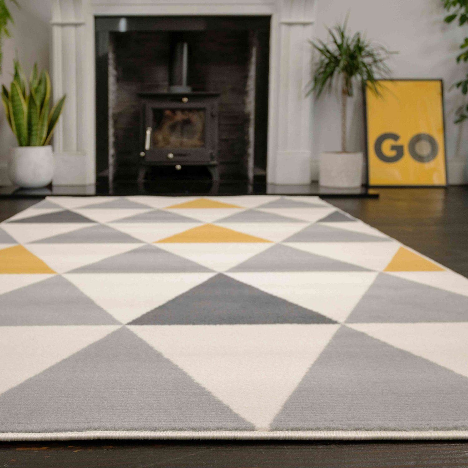 Yellow Grey Geometric Triangle Bedroom Rug