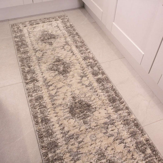 Grey White Textured Tribal Runner Rug