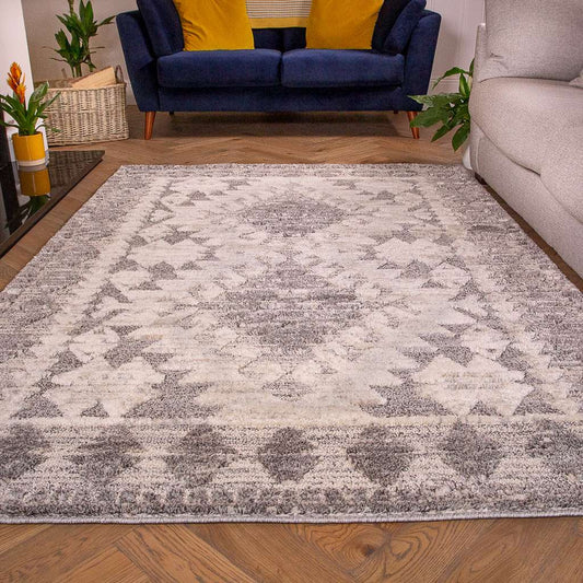 Grey White Textured Tribal Scandi Rug