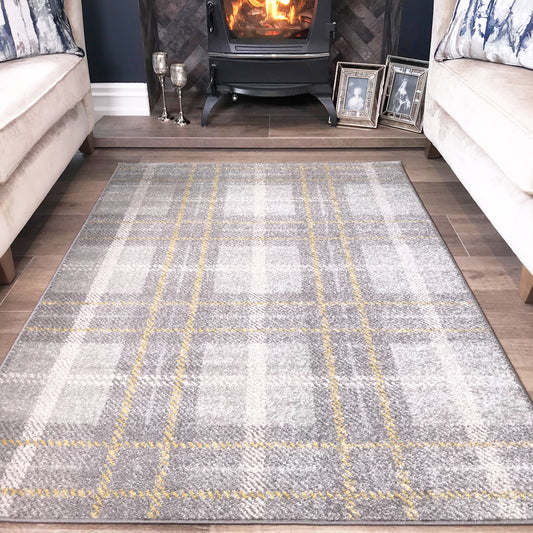 Grey Ochre Tartan Rug