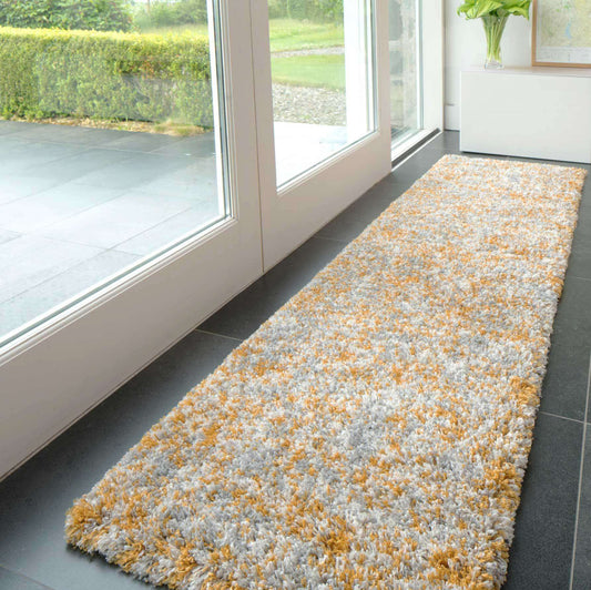 Soft Mottled Gold Grey Shaggy Runner Rug