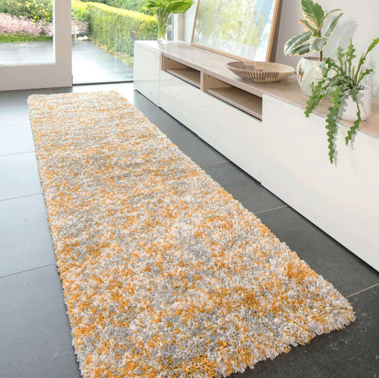 Soft Mottled Gold Grey Shaggy Runner Rug