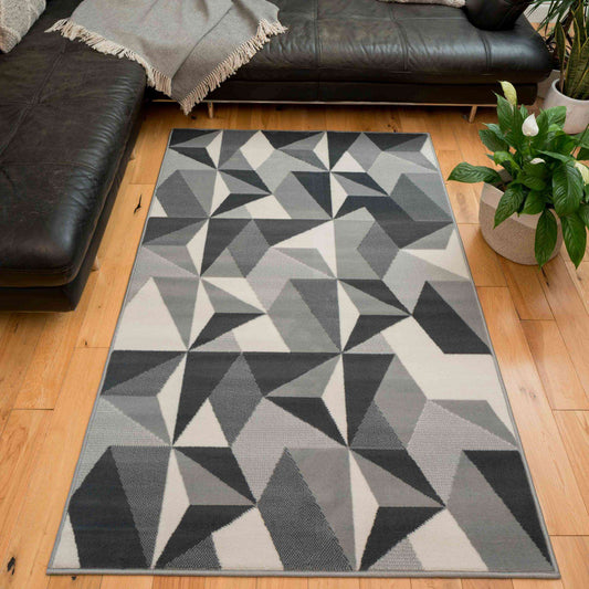 Grey Modern Geometric Hall Runner Rug