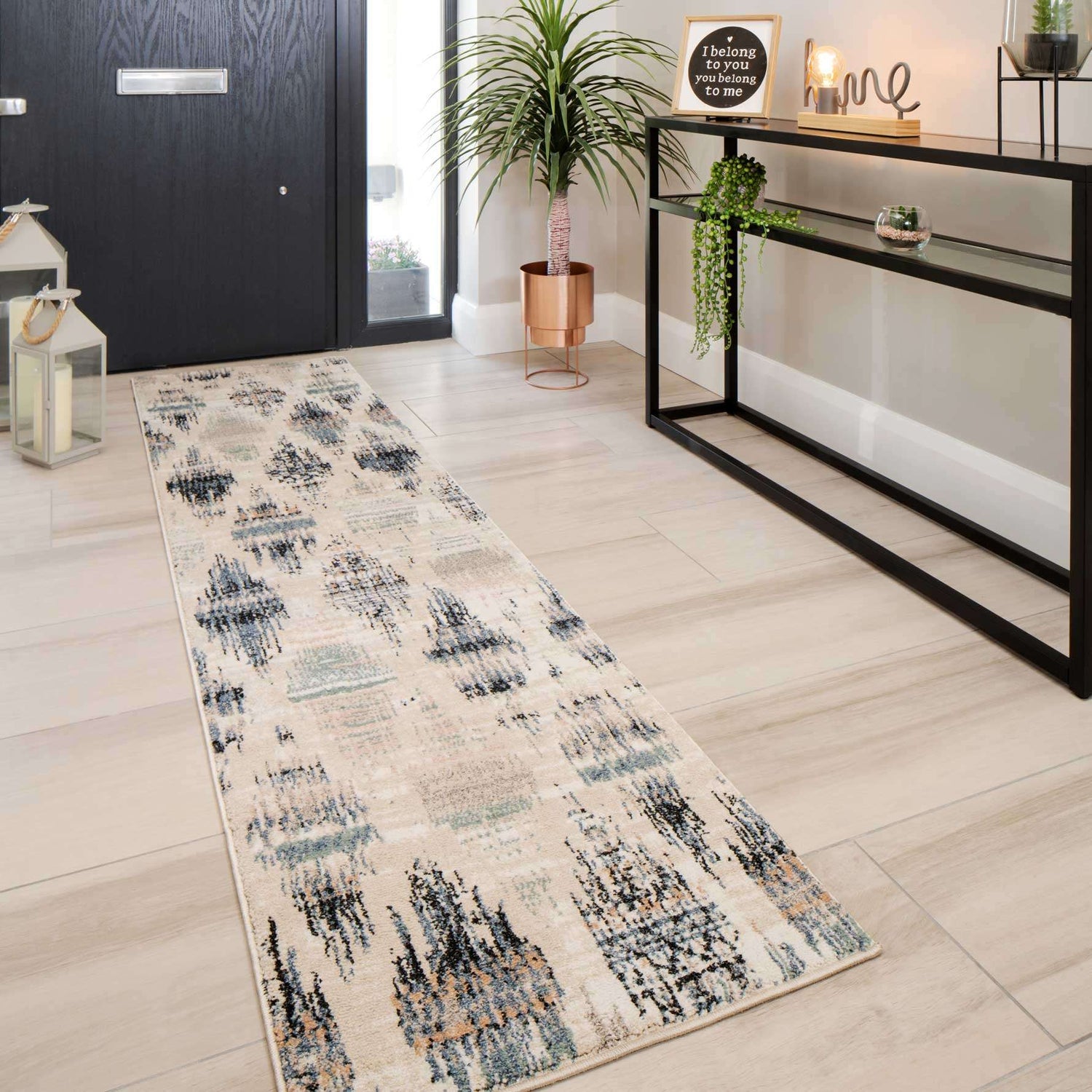 Blue Mottled Trellis Hall Runner Rug