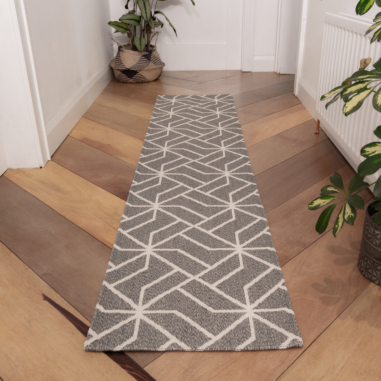 Grey Geometric Woven Sustainable Recycled Cotton Rug