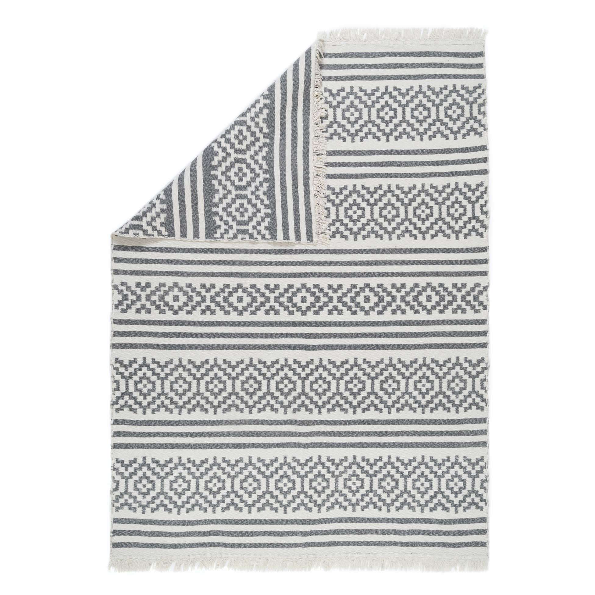 Reversible Cotton Cream Grey Motif Rug | Living Room Rugs | Kukoon Rugs ...