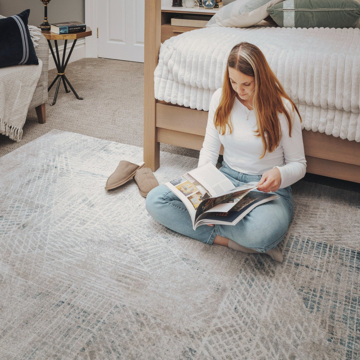 Modern Blue Distressed Abstract Living Room Rug - Astia