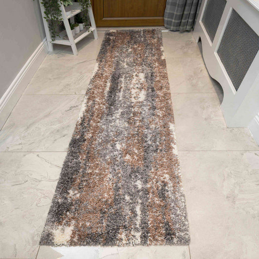 Brown Grey Distressed Mottled Shaggy Hall Runner Rug