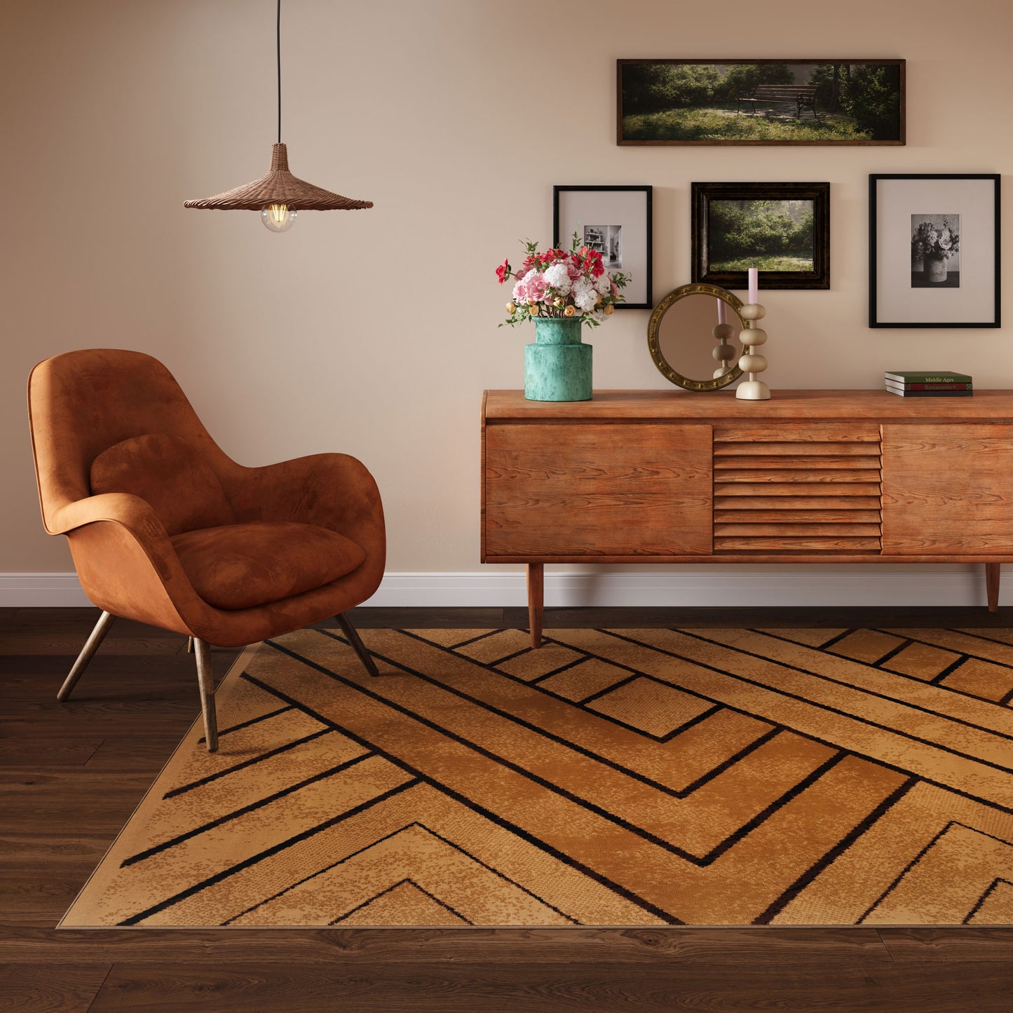 Brown Beige Art Deco Living Room Rug