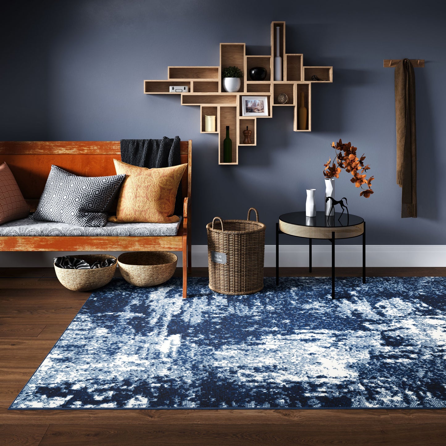 Navy Blue Distressed Living Room Rug