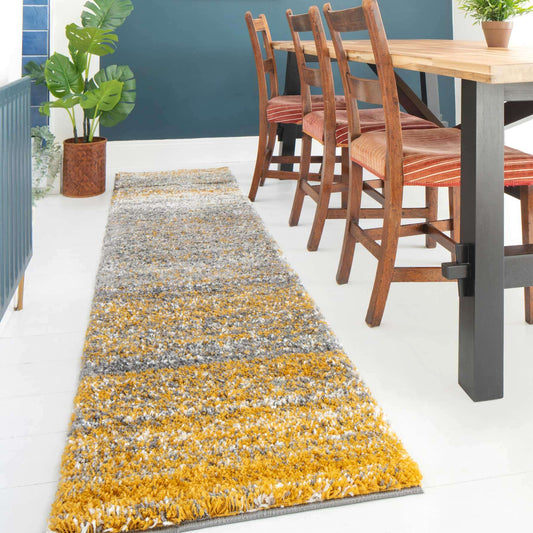 Ochre Striped Shaggy Runner Rug