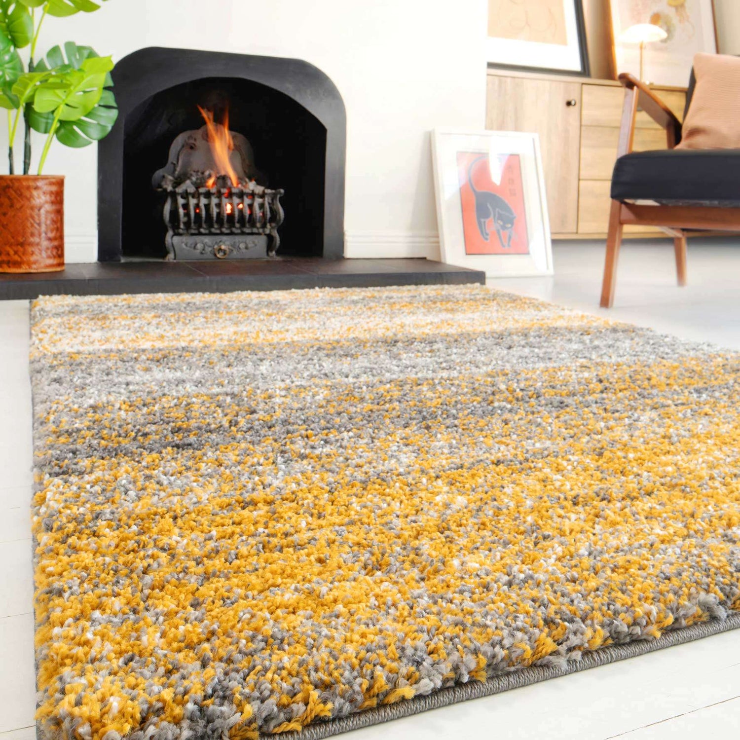 Ochre Striped Shaggy Runner Rug