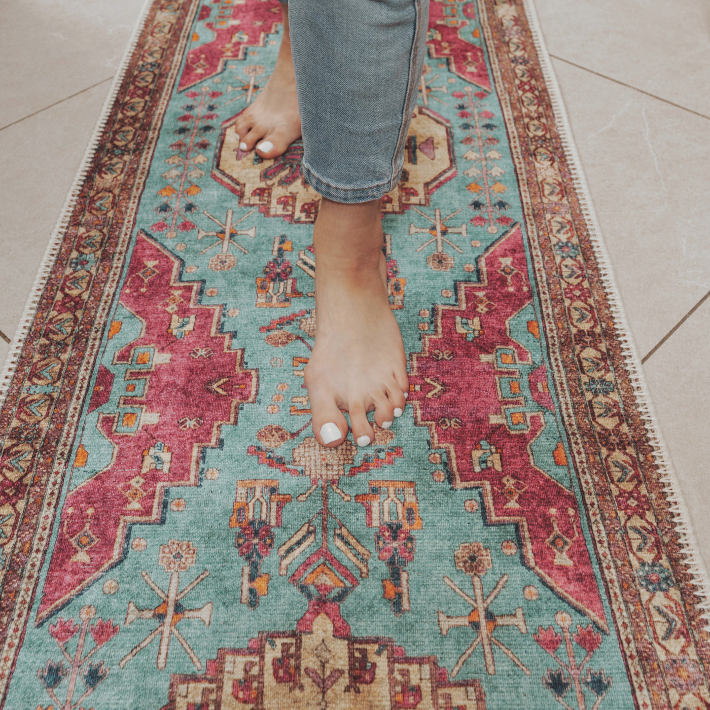 Vibrant Teal Pink Washable Distressed Boho Rug - Clarissa