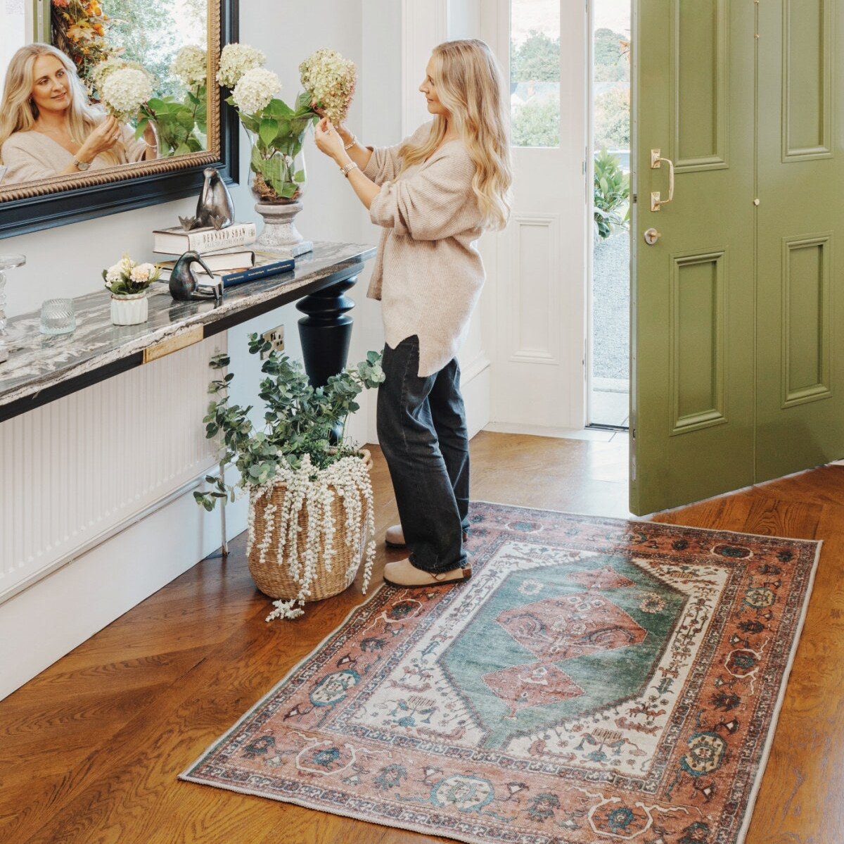 Distressed Terracotta Green Washable Boho Rug - Faro