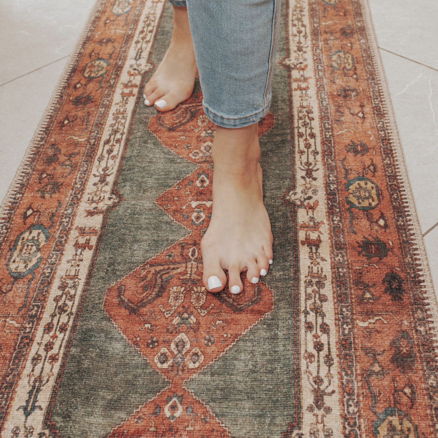 Distressed Terracotta Green Washable Boho Rug - Faro