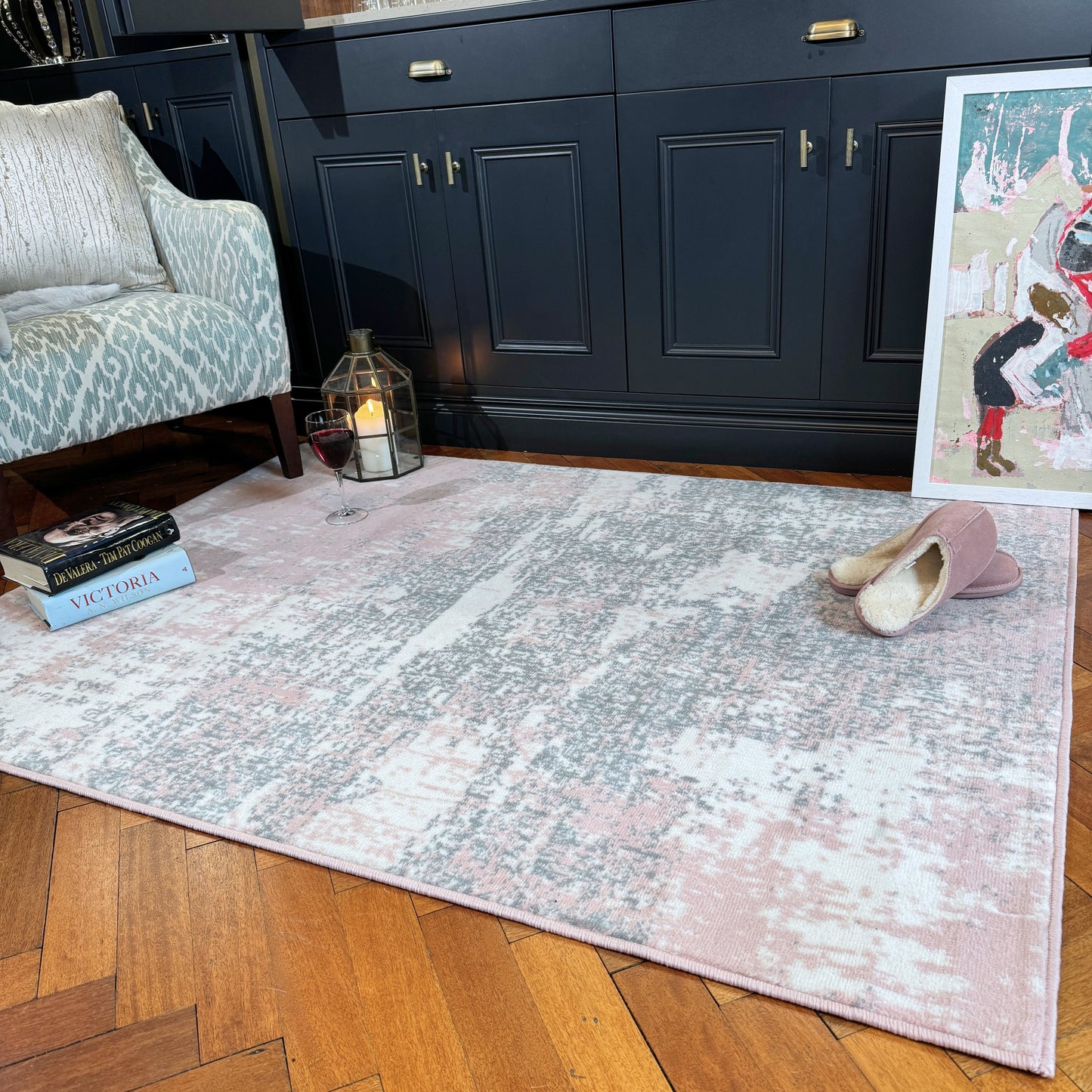 Pink Grey Distressed Worn Look Living Room Rug - Milan