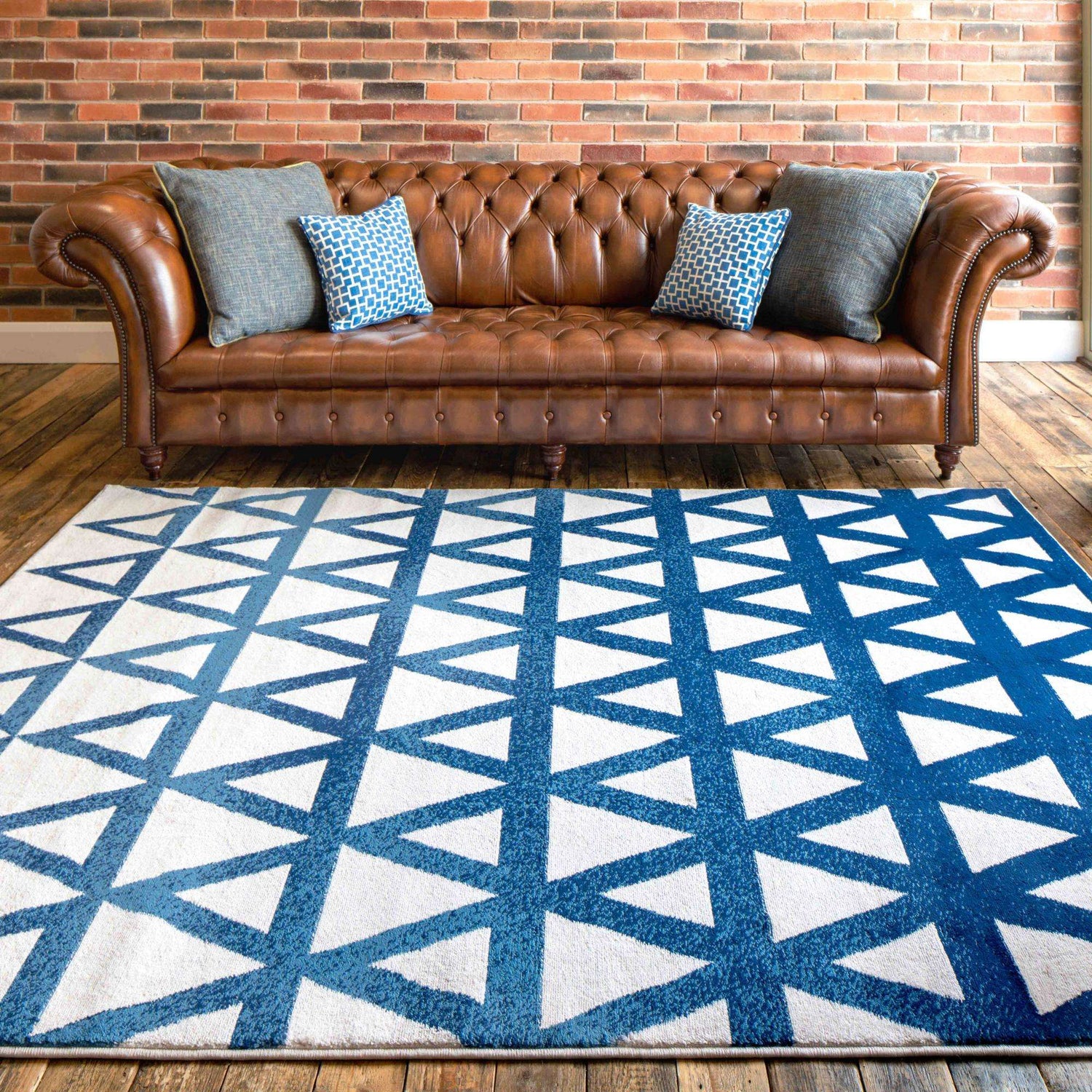 Modern Blue Cream Geometric Living Room Rug