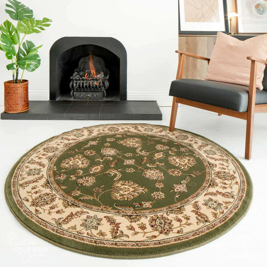 Traditional Green Motif Bordered Round Rug