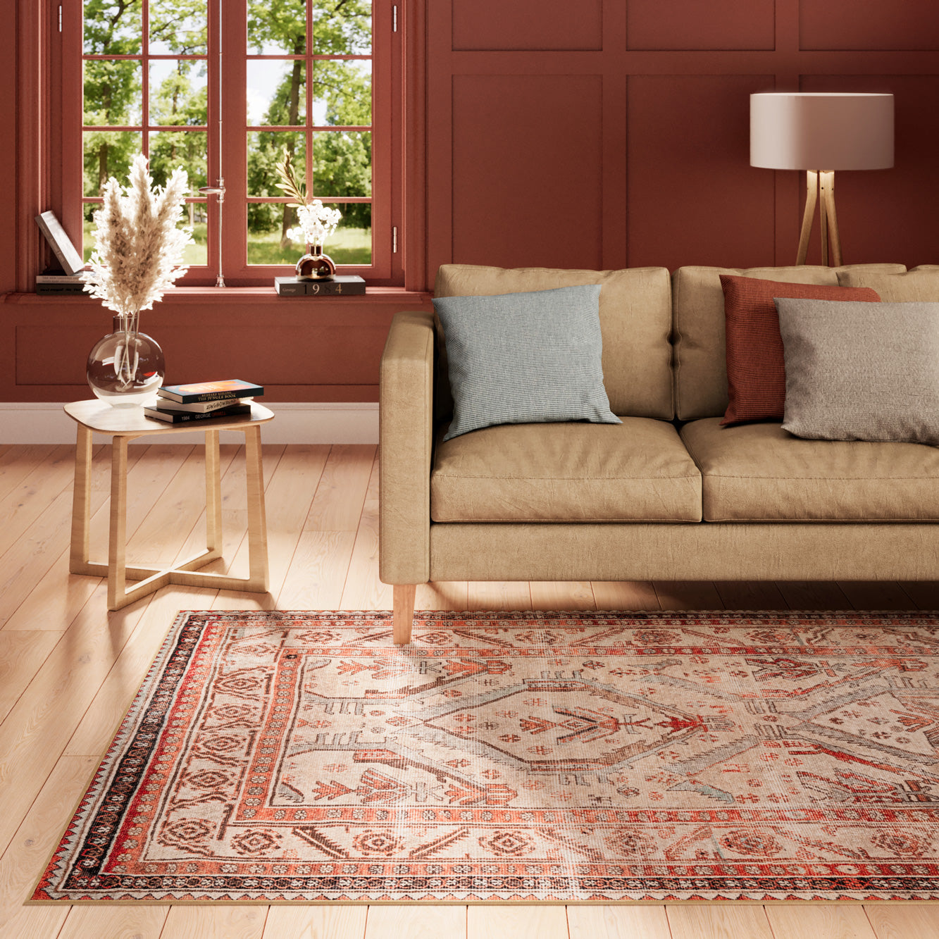 Distressed Terracotta Washable Rustic Rug - Rowe