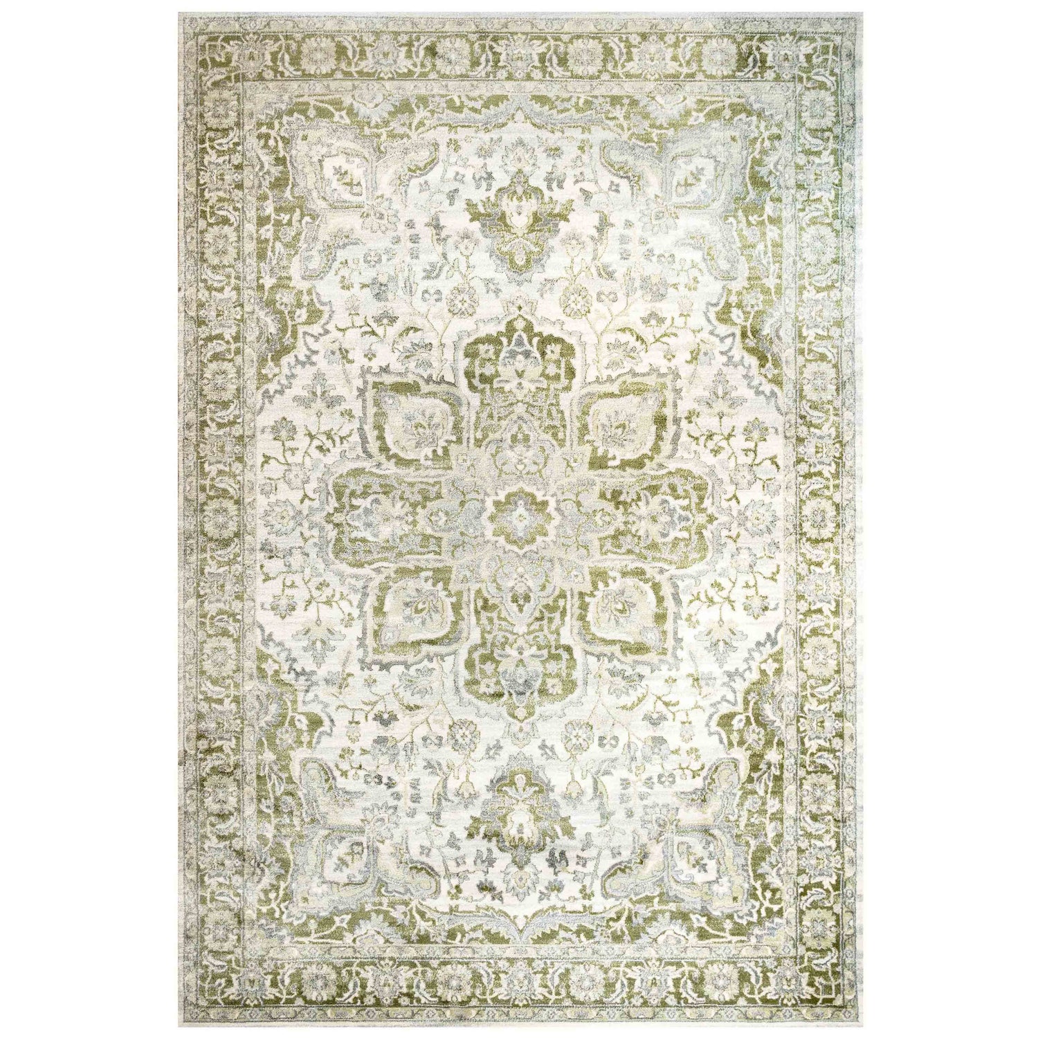 Oriental Bordered Green Floral Living Room Rug