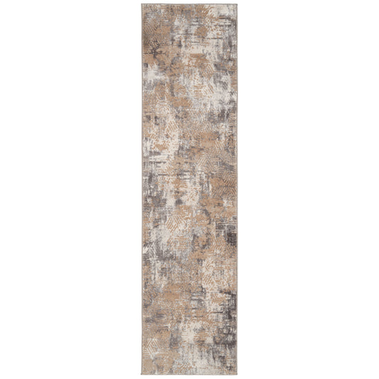 Distressed Beige Art Deco Runner Rug