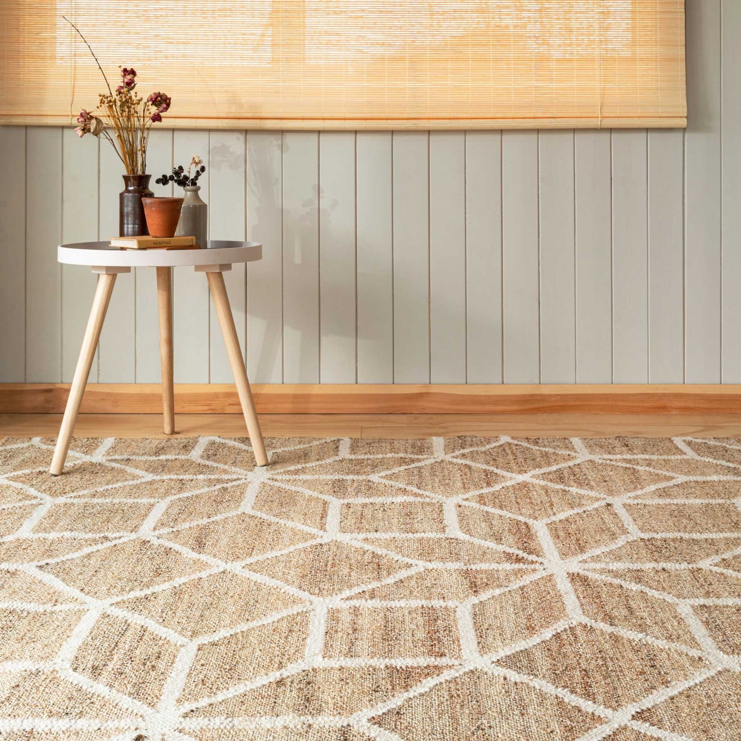 Beige Geometric Natural Jute Area Rug - Fretwork