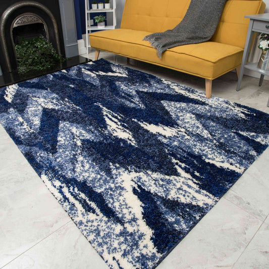 Blue Navy Chevron Mottled Shaggy Living Room Rug