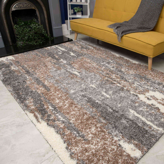 Brown Grey Distressed Mottled Shaggy Living Room Rug