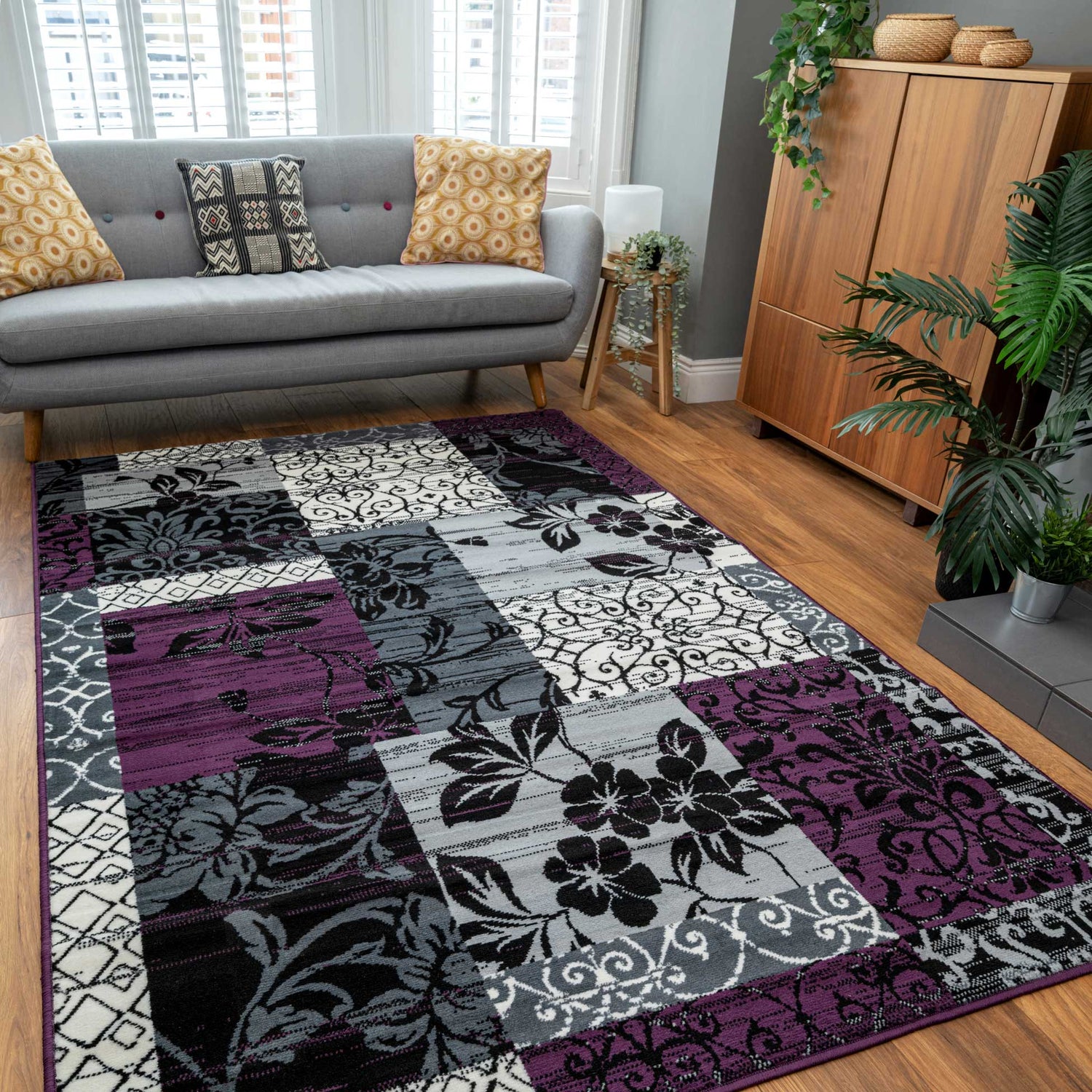 Grey Rug Geometric Pattern Patchwork Carpet Living Room Bedroom