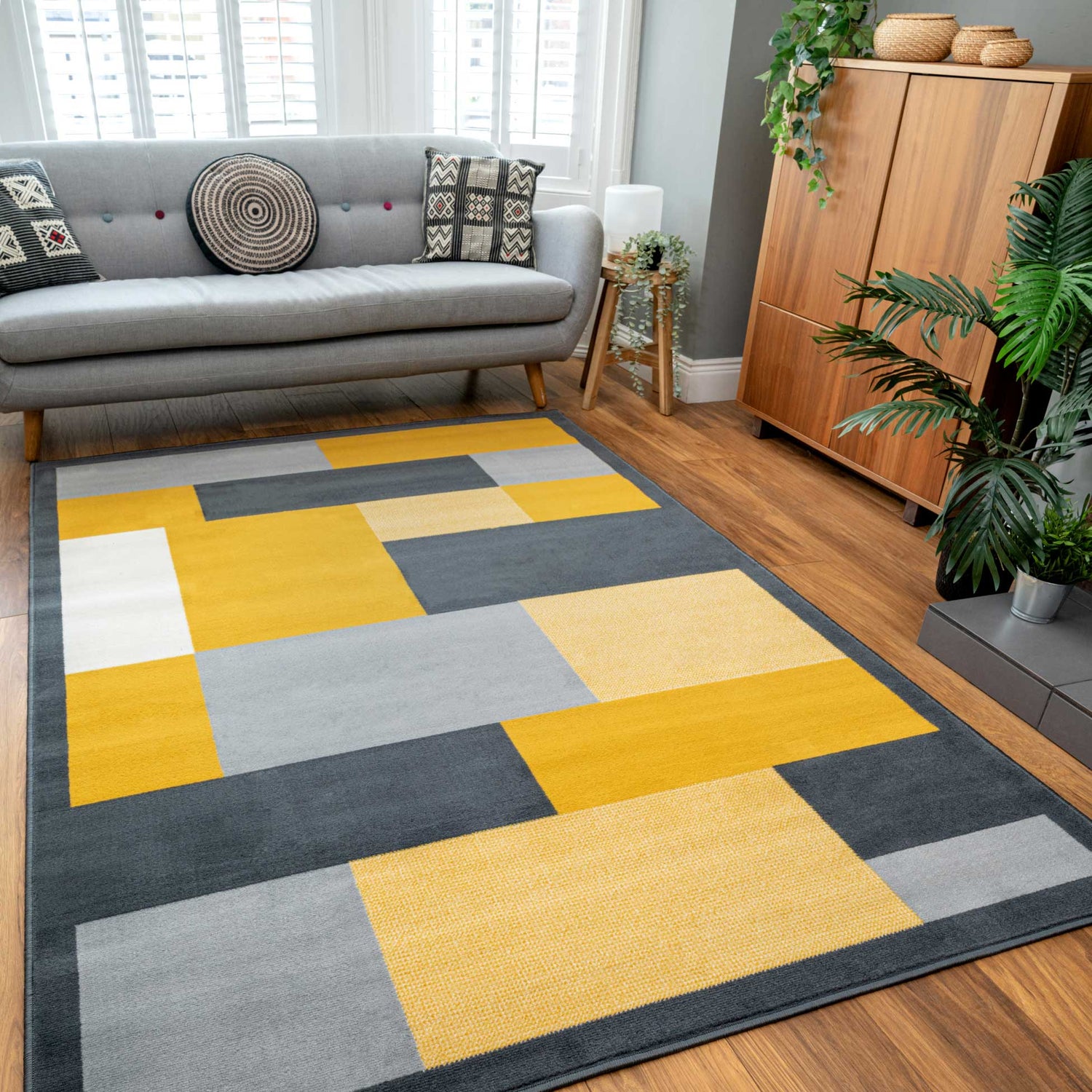 Yellow Grey Modern Geometric Bedroom Rugs