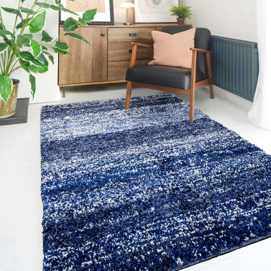 Navy Mottled Striped Shaggy Living Room Rug