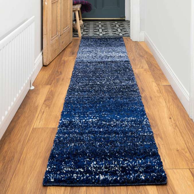 Navy Mottled Striped Shaggy Living Room Rug