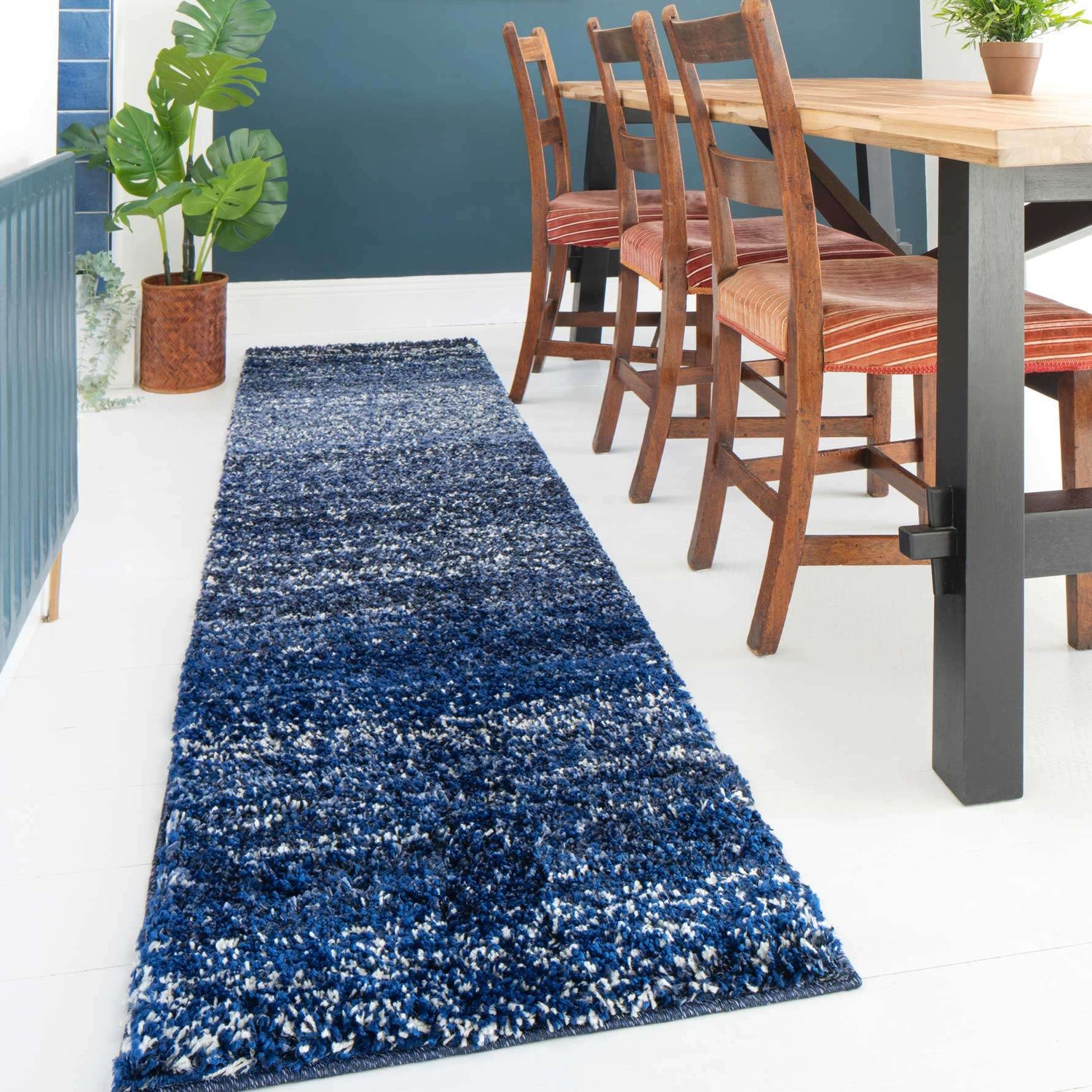 Navy Mottled Striped Shaggy Hall Runner Rug