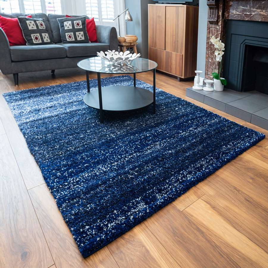 Navy Mottled Striped Shaggy Hall Runner Rug