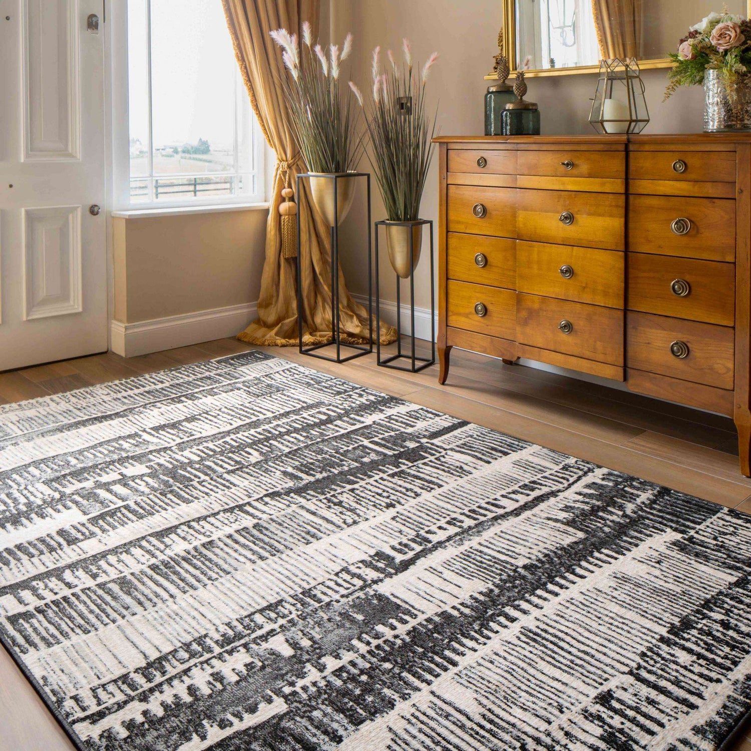 Grey Distressed Striped Living Room Rug