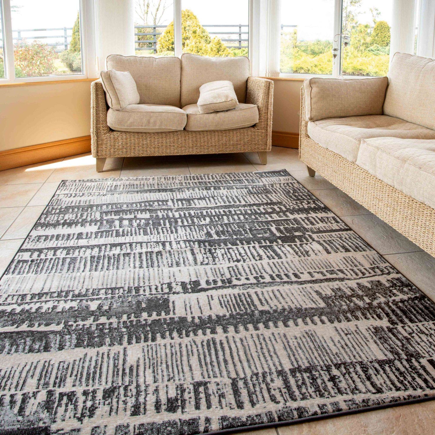 Grey Distressed Striped Living Room Rug