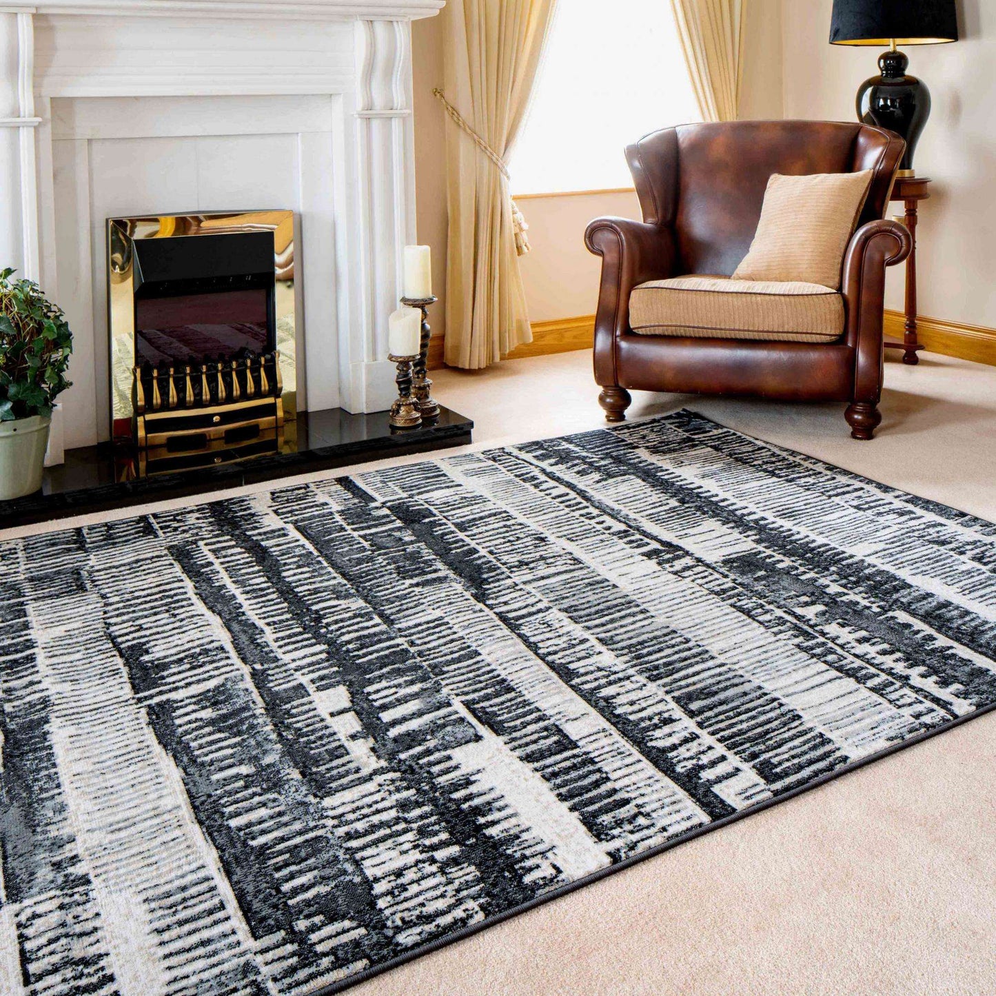 Grey Distressed Striped Living Room Rug