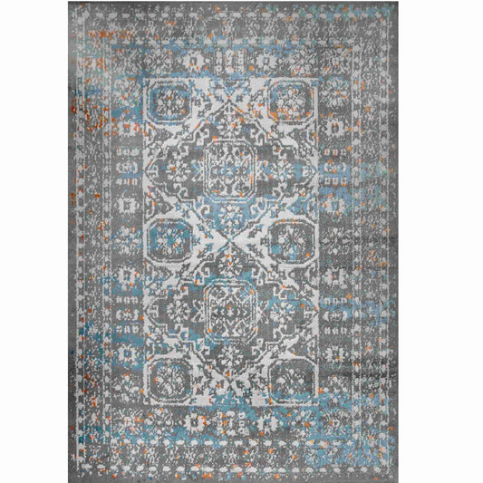 Faded Distressed Light Blue Grey Oriental Pattern Rug