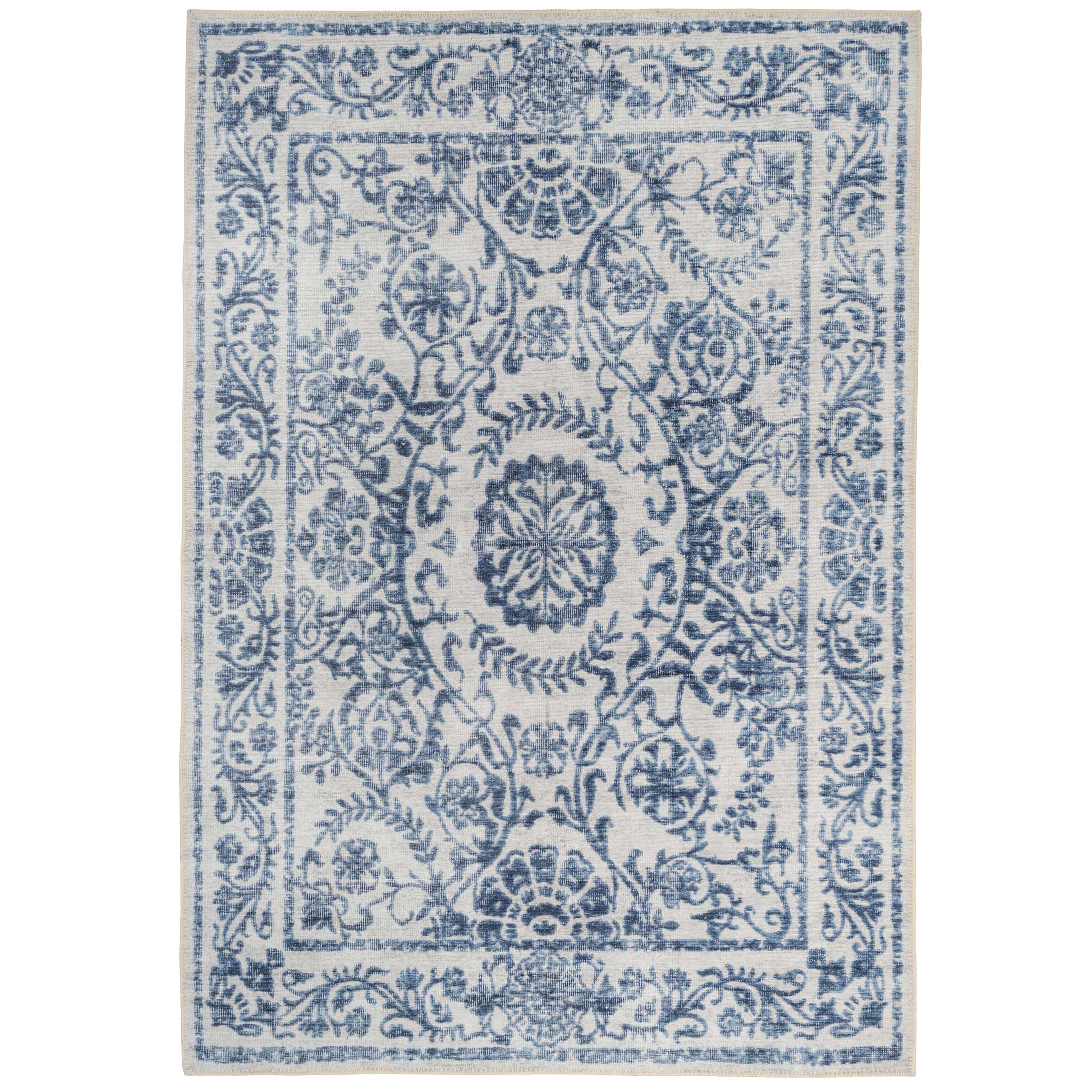 Distressed Blue Damask Washable Rug - Bala | Living Room Rugs | Kukoon ...