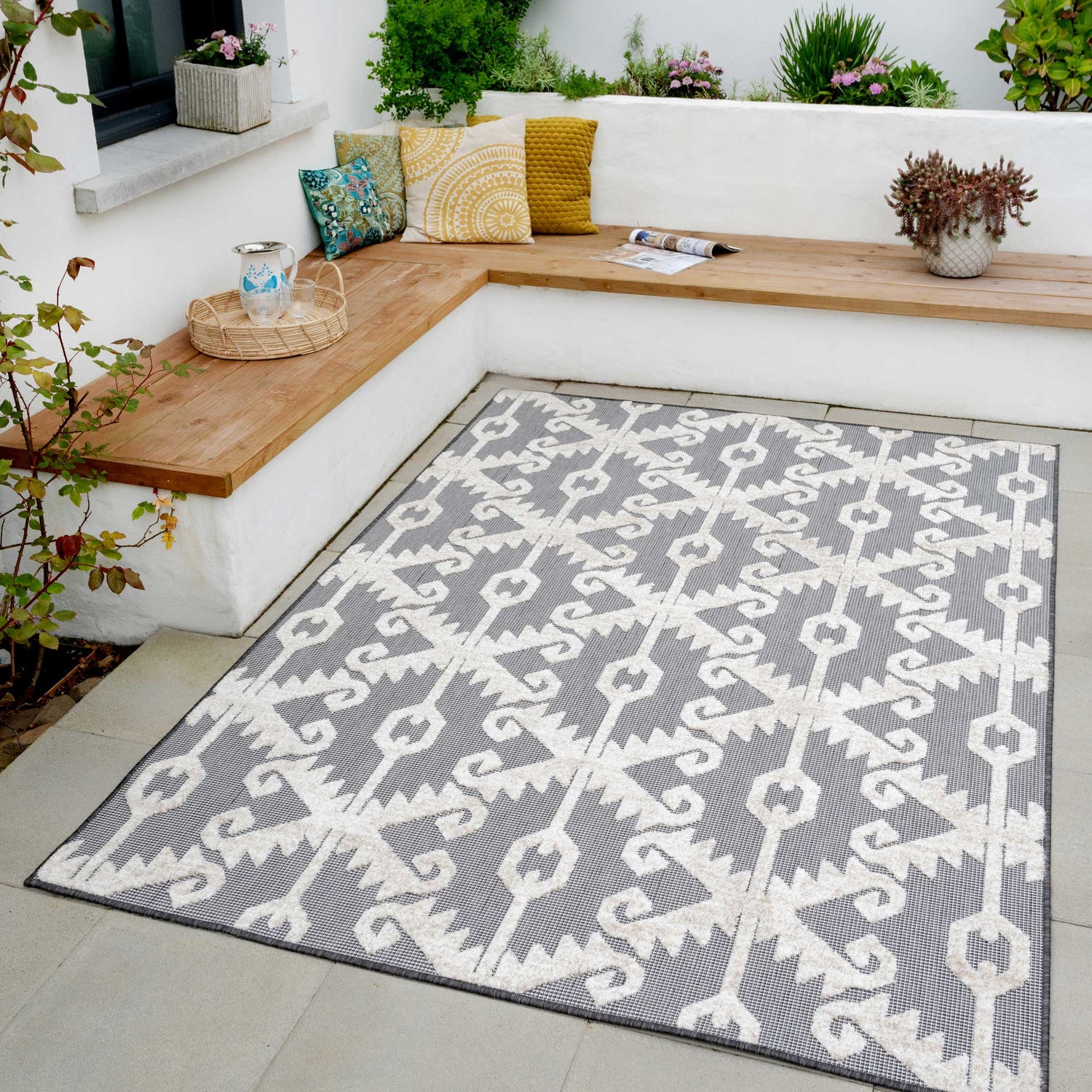 Soft Grey Trellis Weatherproof Outdoor Rug