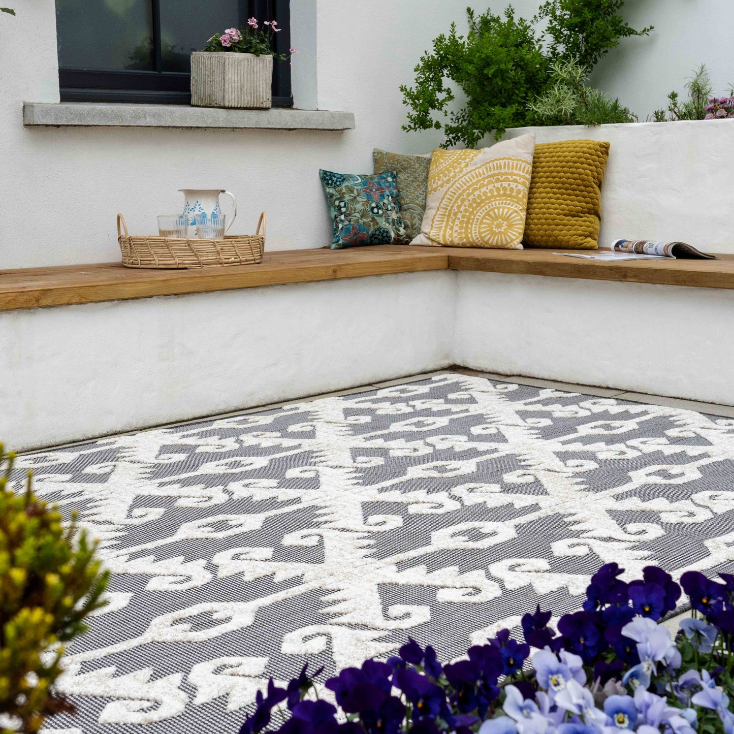 Soft Grey Trellis Weatherproof Outdoor Rug