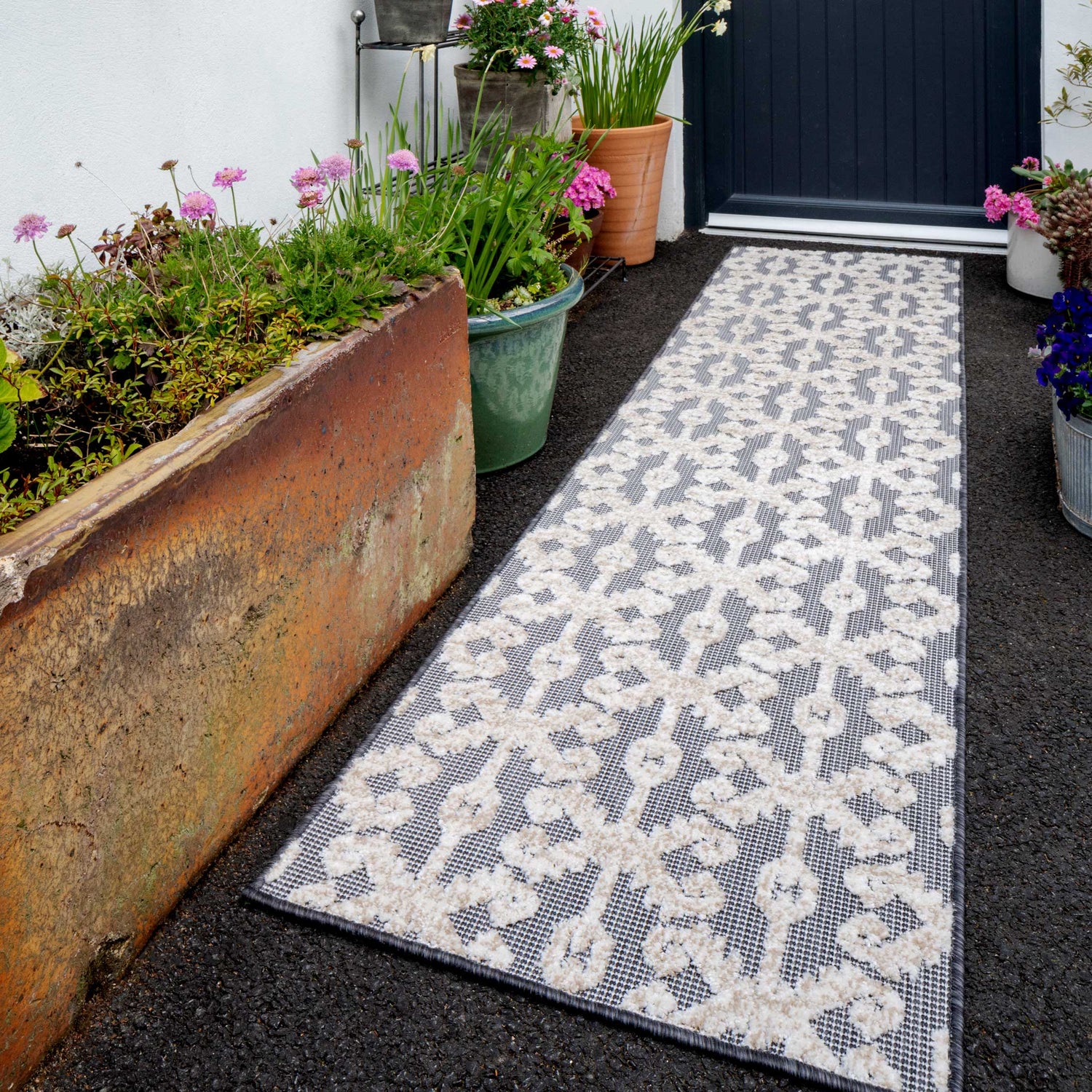 Soft Grey Trellis Weatherproof Outdoor Rug